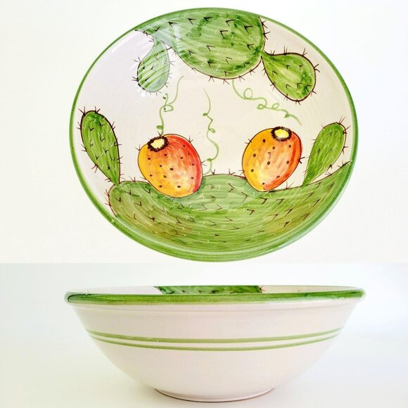 Hand Painted Large Round Serving Bowl Prickly Pear CactusStefano Pottery Italy